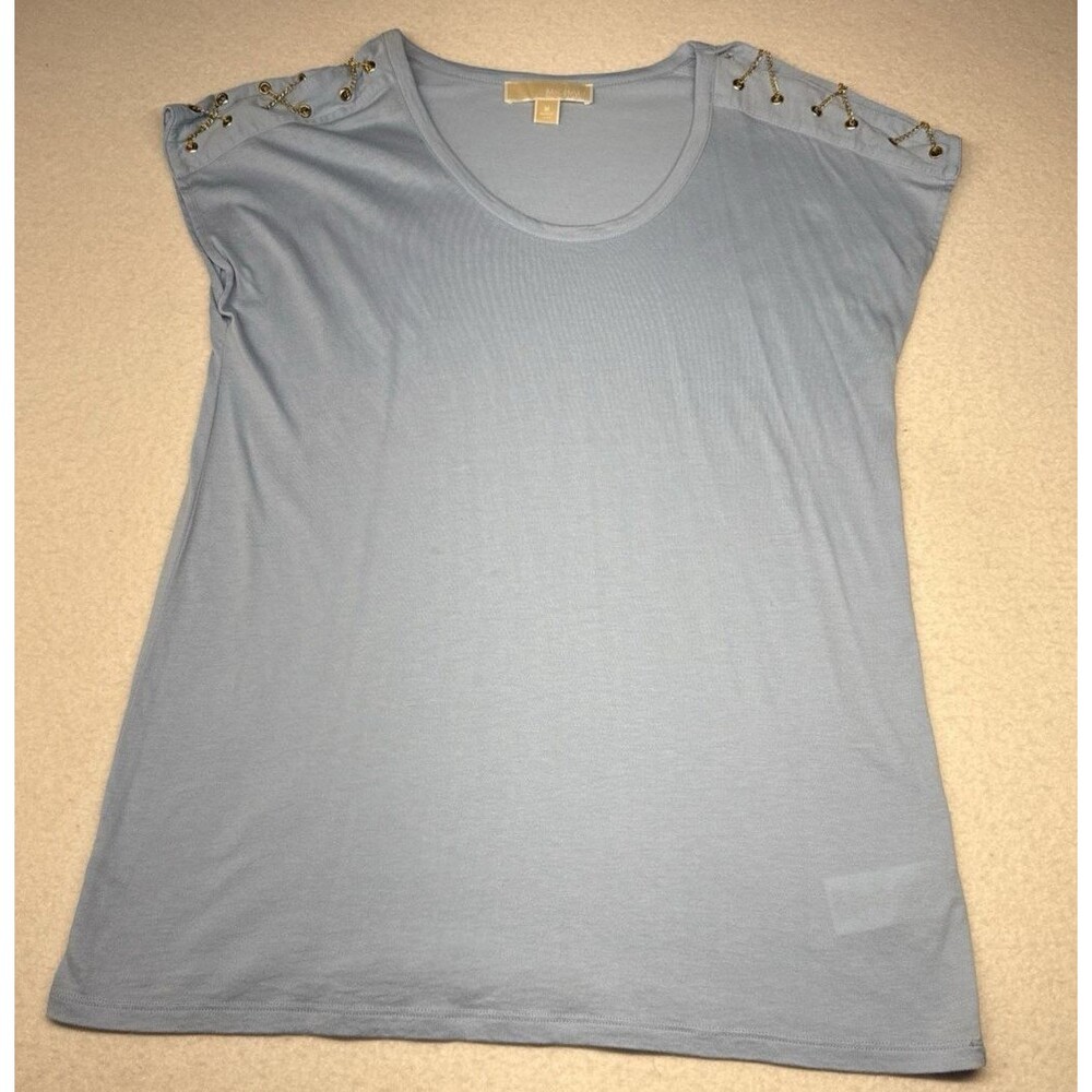 Michael Kors Womens M Blue Cotton Modal Top Gold Chain Shoulder Cap Sleeve